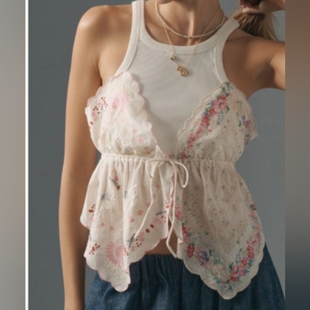 Anthropologie Cream Floral Embroidered Tank Top